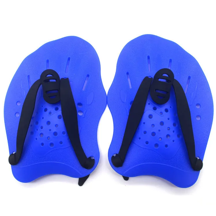 A pair of polypropylene swim training paddles for freestyle stroke practice, shown in multiple colour options.