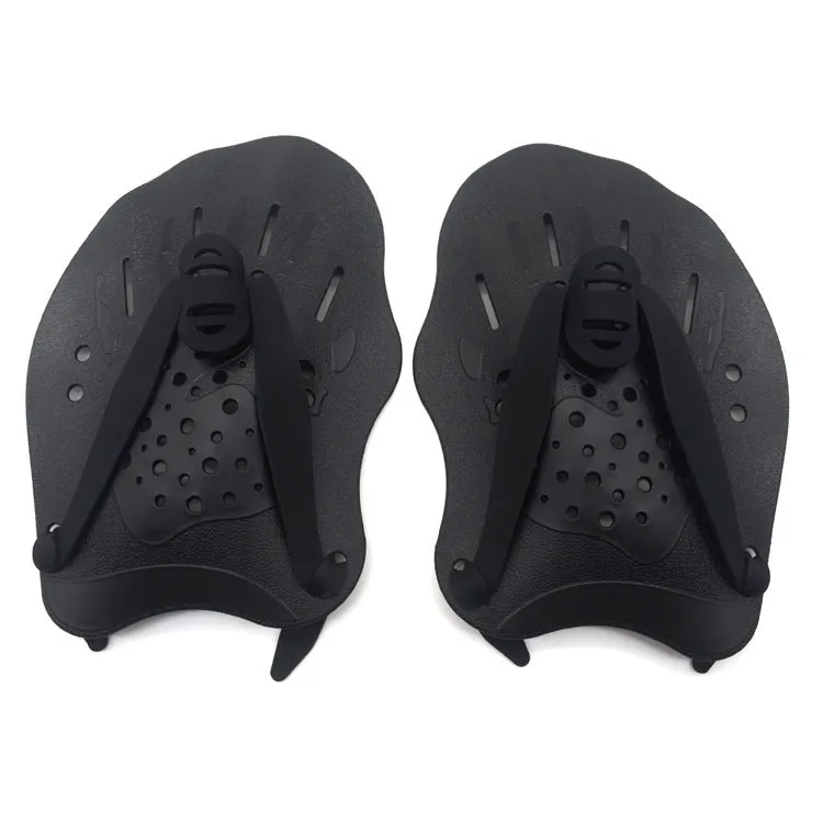 A pair of polypropylene swim training paddles for freestyle stroke practice, shown in multiple colour options.
