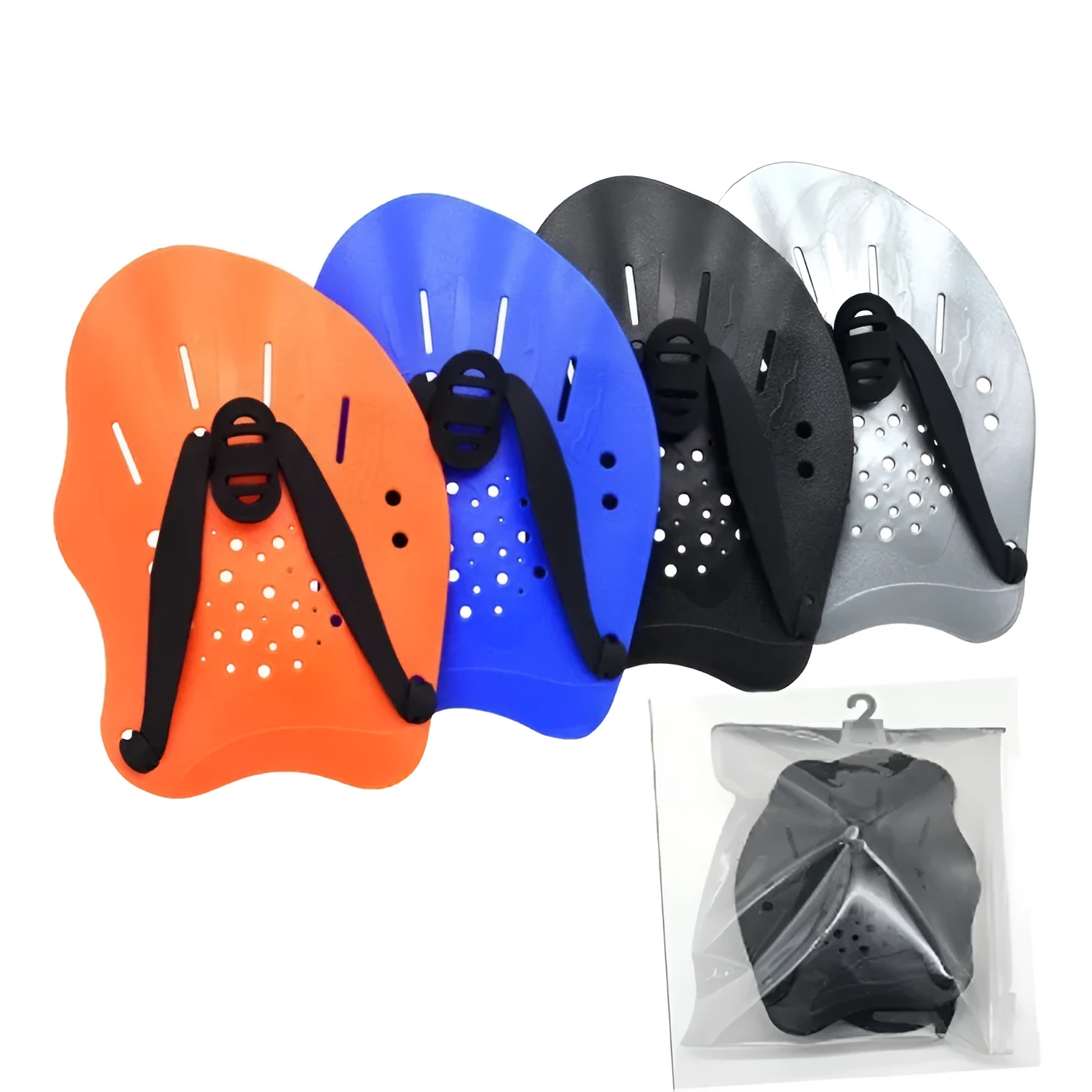 A pair of polypropylene swim training paddles for freestyle stroke practice, shown in multiple colour options.