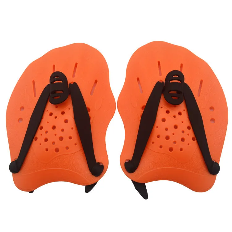 A pair of polypropylene swim training paddles for freestyle stroke practice, shown in multiple colour options.