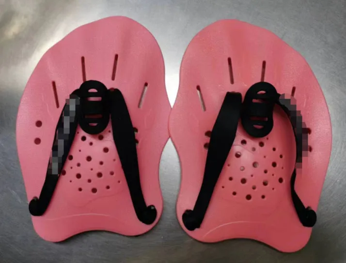 A pair of polypropylene swim training paddles for freestyle stroke practice, shown in multiple colour options.