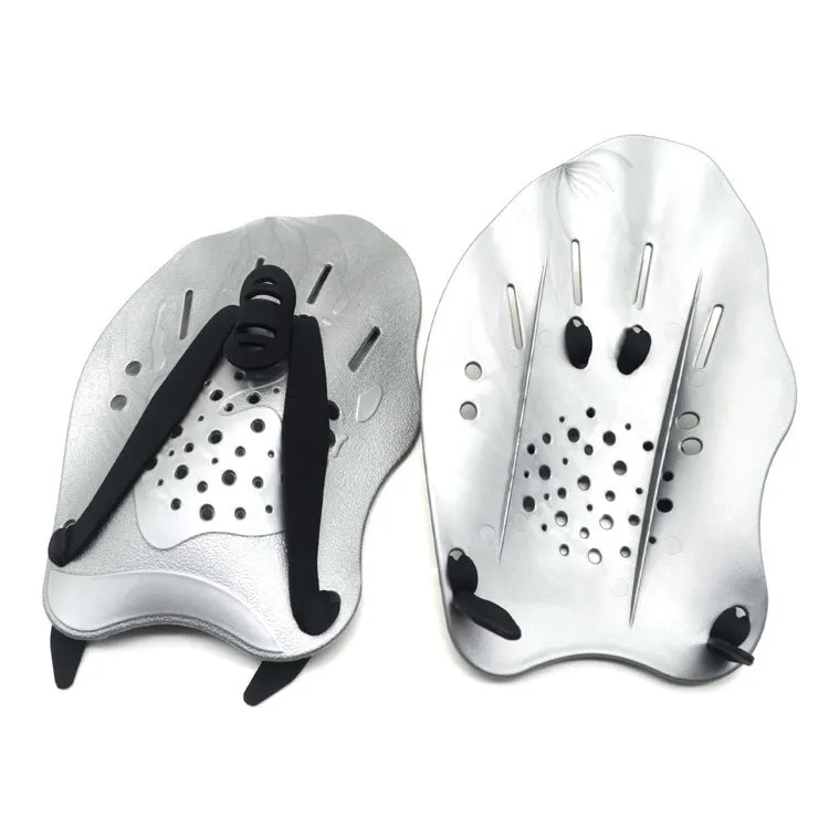 A pair of polypropylene swim training paddles for freestyle stroke practice, shown in multiple colour options.