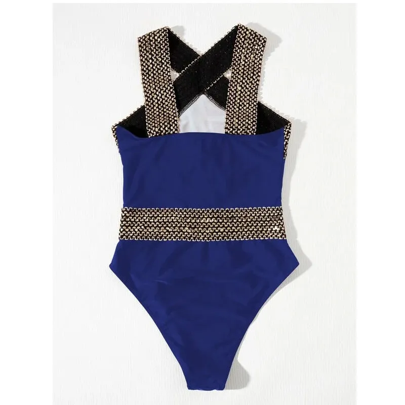 Solid colour one piece swimsuit in blue with built-in chest pad, polyester fabric, front view