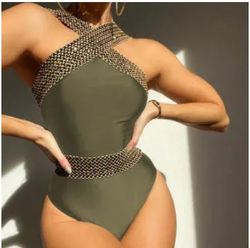 Solid colour one piece swimsuit in blue with built-in chest pad, polyester fabric, front view