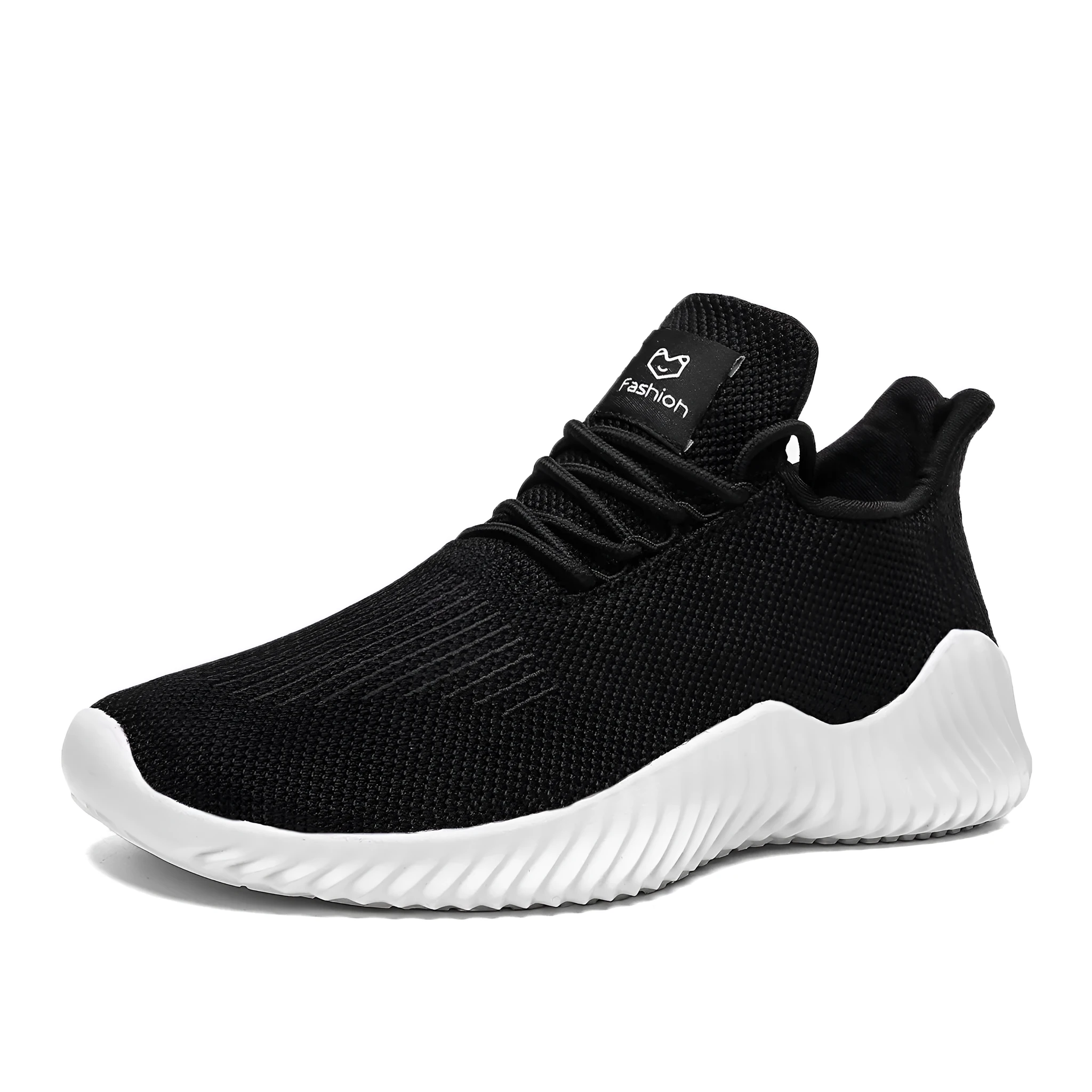 Breathable mesh casual sports shoes for men in black with front tie lacing and high top design
