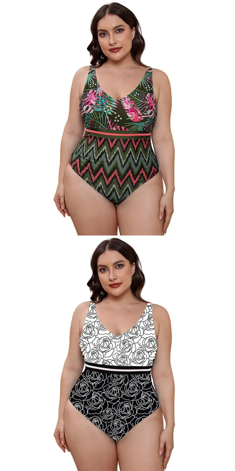 Women's printed one-piece swimsuit with spaghetti straps and a striped vest design.