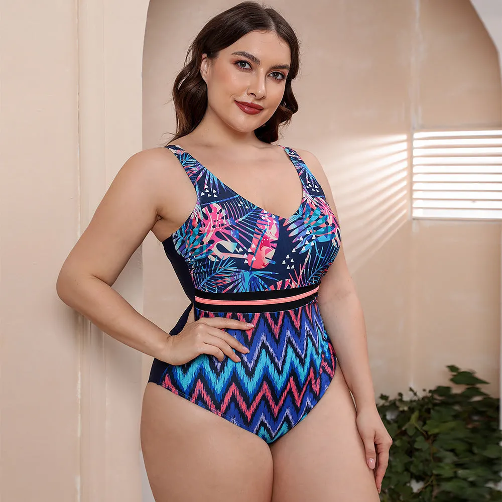 Women's printed one-piece swimsuit with spaghetti straps and a striped vest design.
