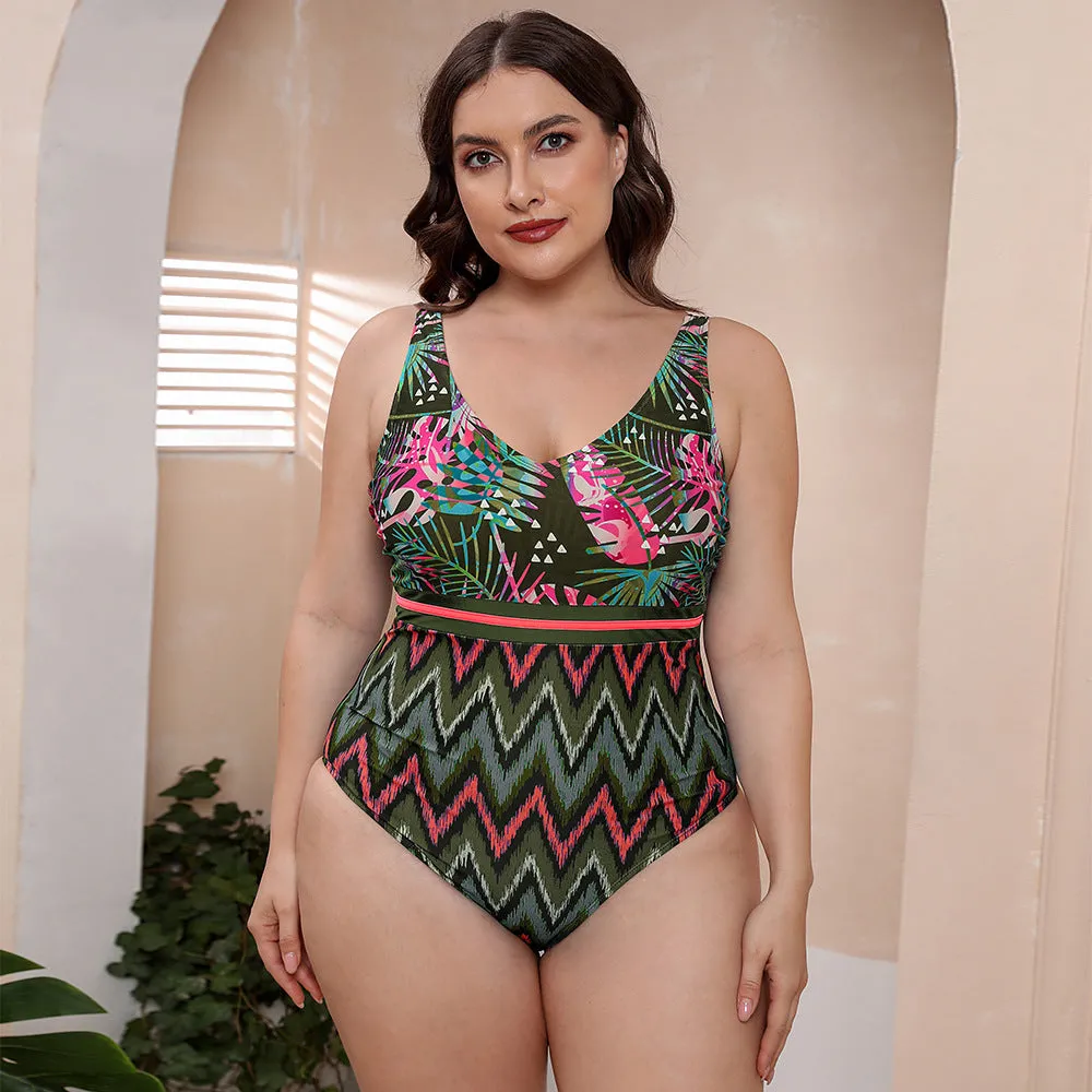 Women's printed one-piece swimsuit with spaghetti straps and a striped vest design.