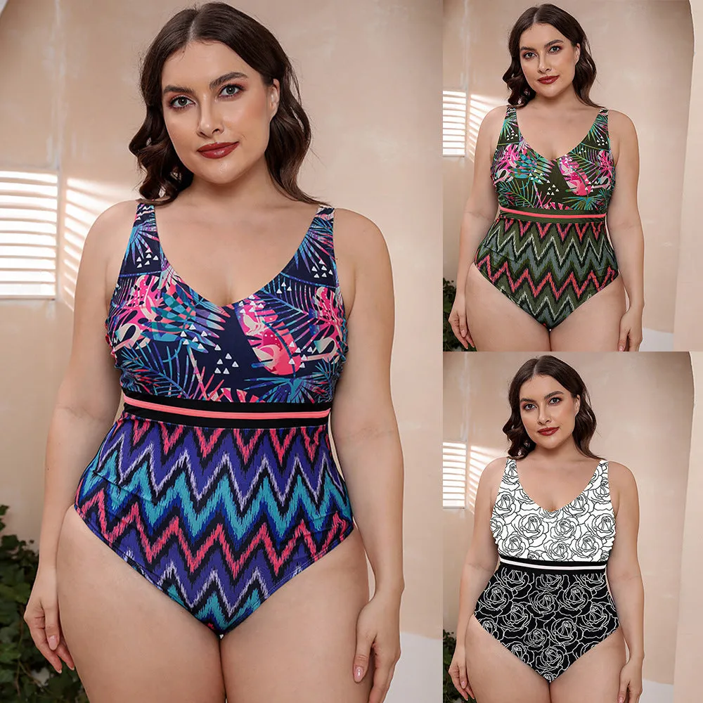 Women's printed one-piece swimsuit with spaghetti straps and a striped vest design.