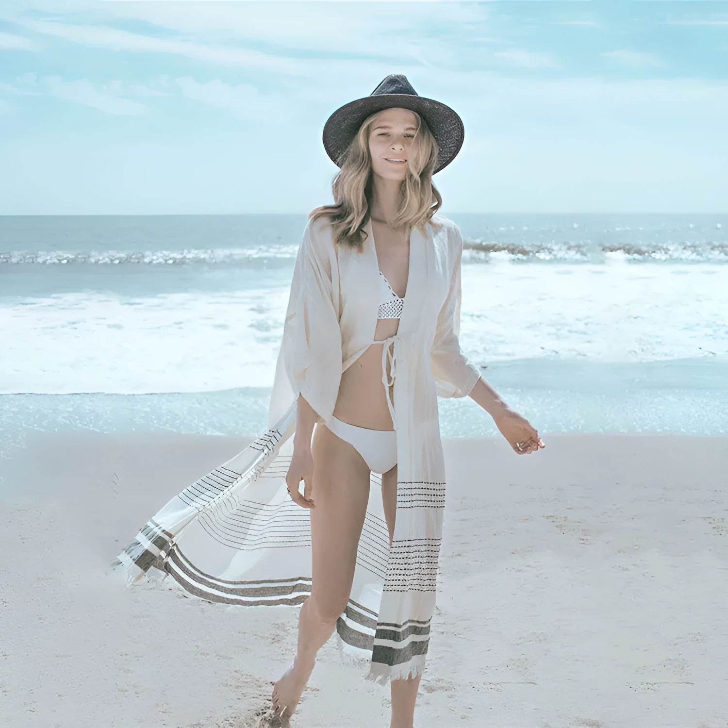 White crochet knitted cotton beach pareo dress with 135cm tassel length and 24cm sleeves for women