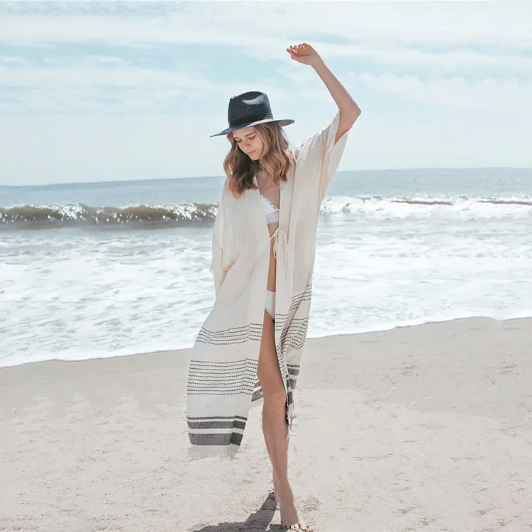 White crochet knitted cotton beach pareo dress with 135cm tassel length and 24cm sleeves for women