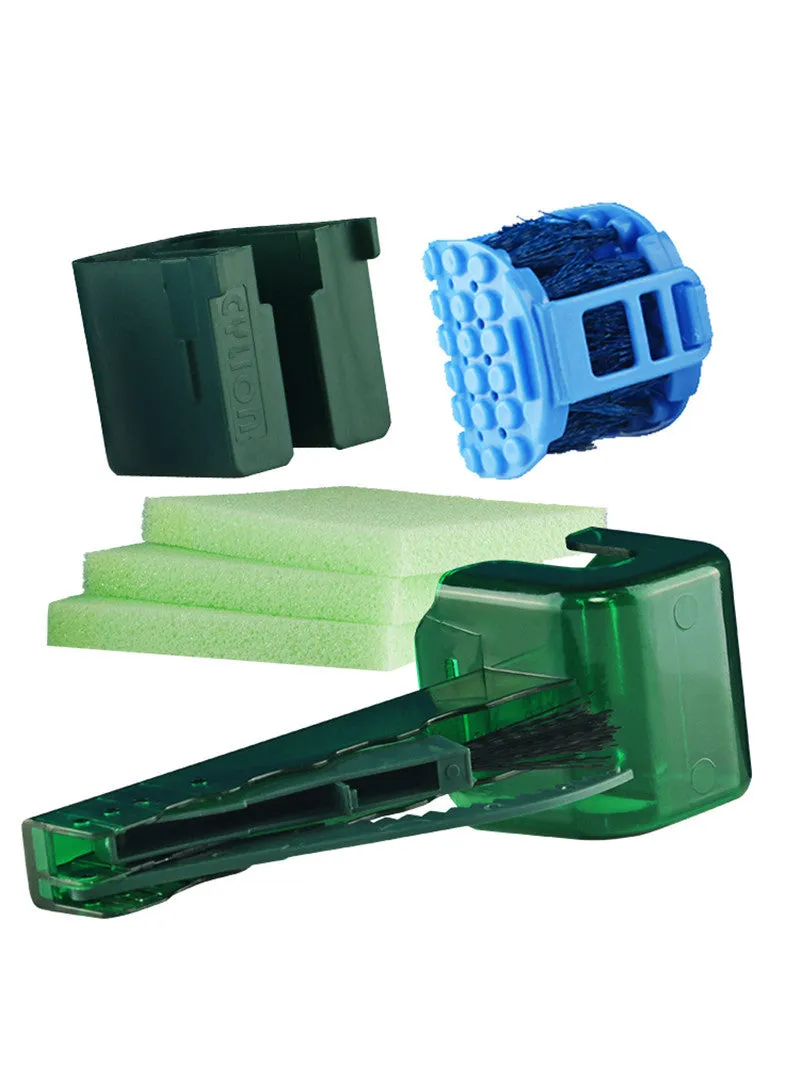 Bicycle chain cleaner scrubber brush set with PC plastic housing, soft brush, and three wear-resistant sponges on a workbench