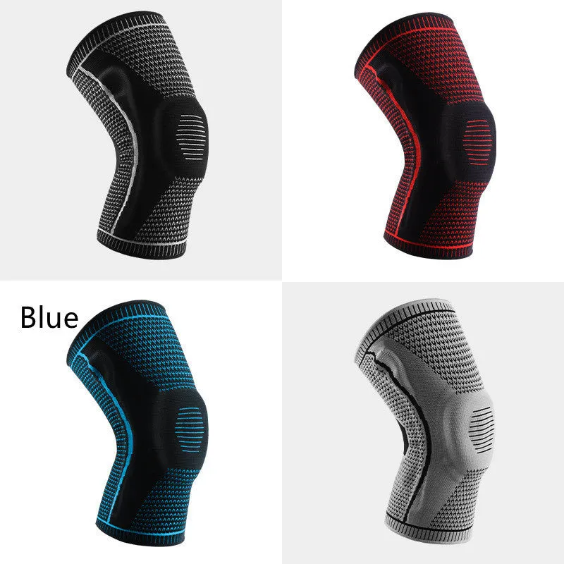 Knitted knee pads in black, grey, blue, and red colours for sports use
