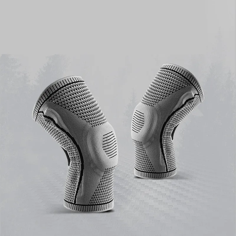 Knitted knee pads in black, grey, blue, and red colours for sports use