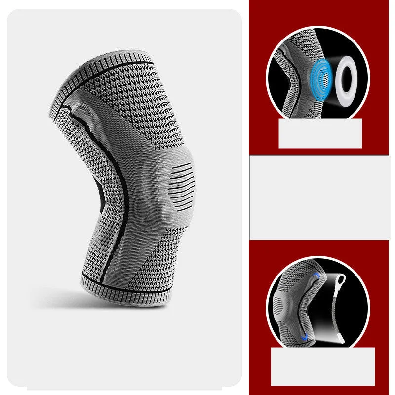 Knitted knee pads in black, grey, blue, and red colours for sports use