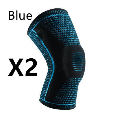 Knitted knee pads in black, grey, blue, and red colours for sports use
