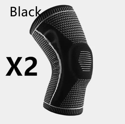 Knitted knee pads in black, grey, blue, and red colours for sports use