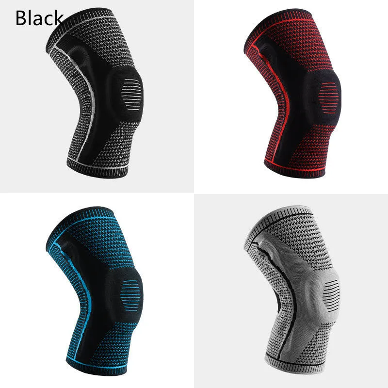 Knitted knee pads in black, grey, blue, and red colours for sports use