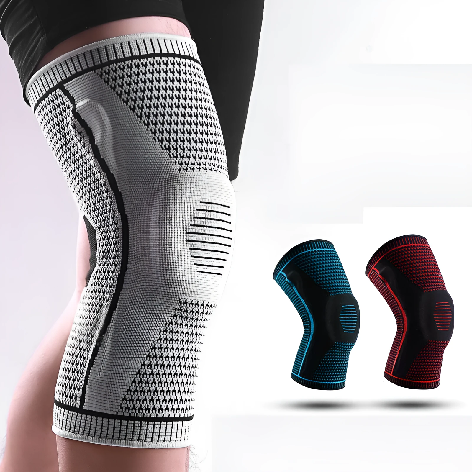 Knitted knee pads in black, grey, blue, and red colours for sports use