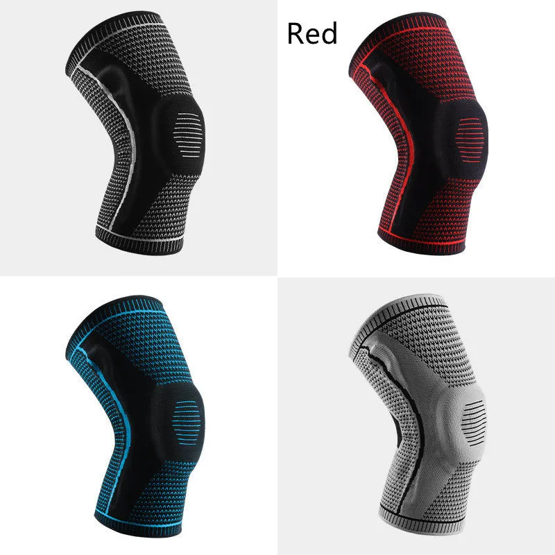 Knitted knee pads in black, grey, blue, and red colours for sports use