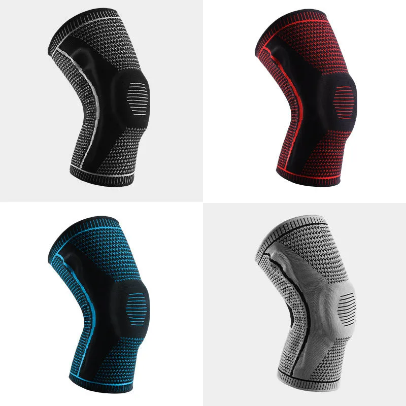 Knitted knee pads in black, grey, blue, and red colours for sports use