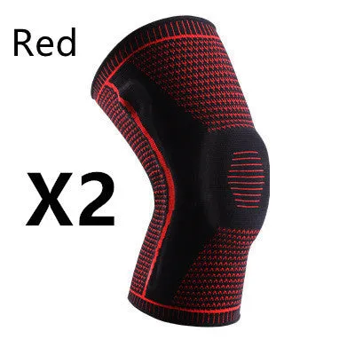 Knitted knee pads in black, grey, blue, and red colours for sports use