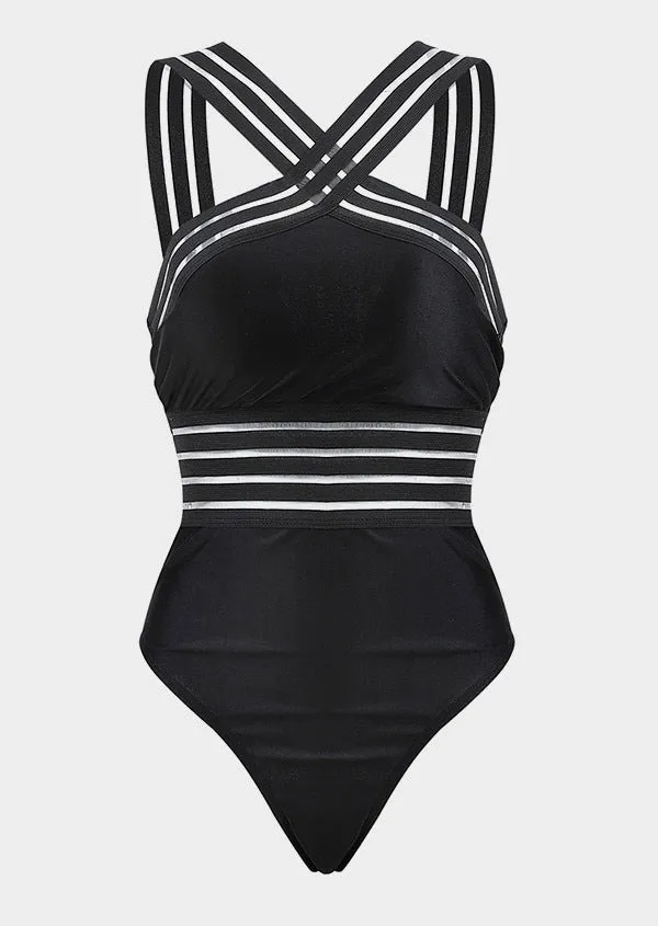 High waist black one-piece swimsuit with leopard print stitching for women