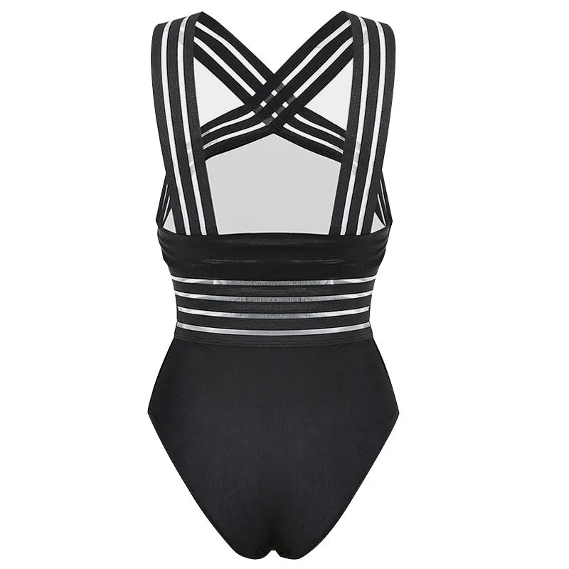 High waist black one-piece swimsuit with leopard print stitching for women