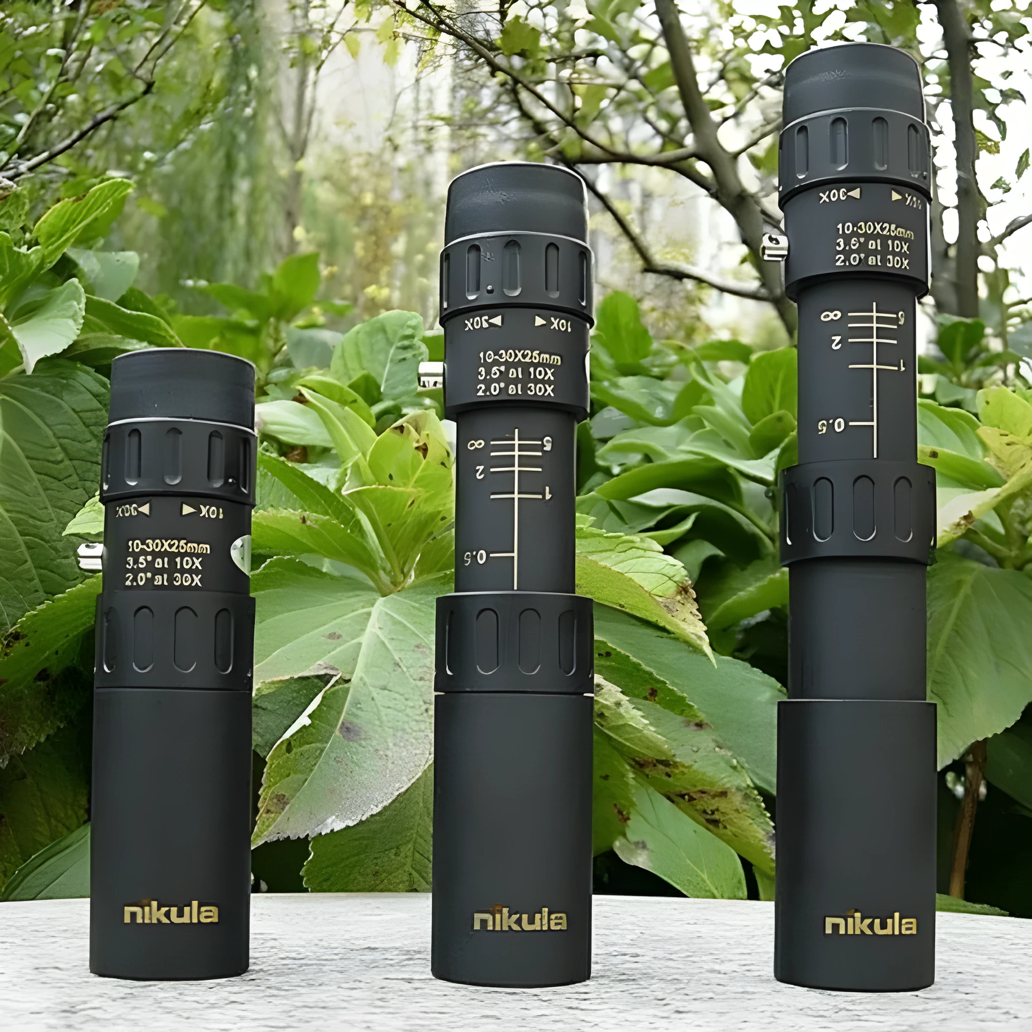 Nicholas 10-30x25 telescope in black, collapsed size 127mm, with zoom ring and rubber grip