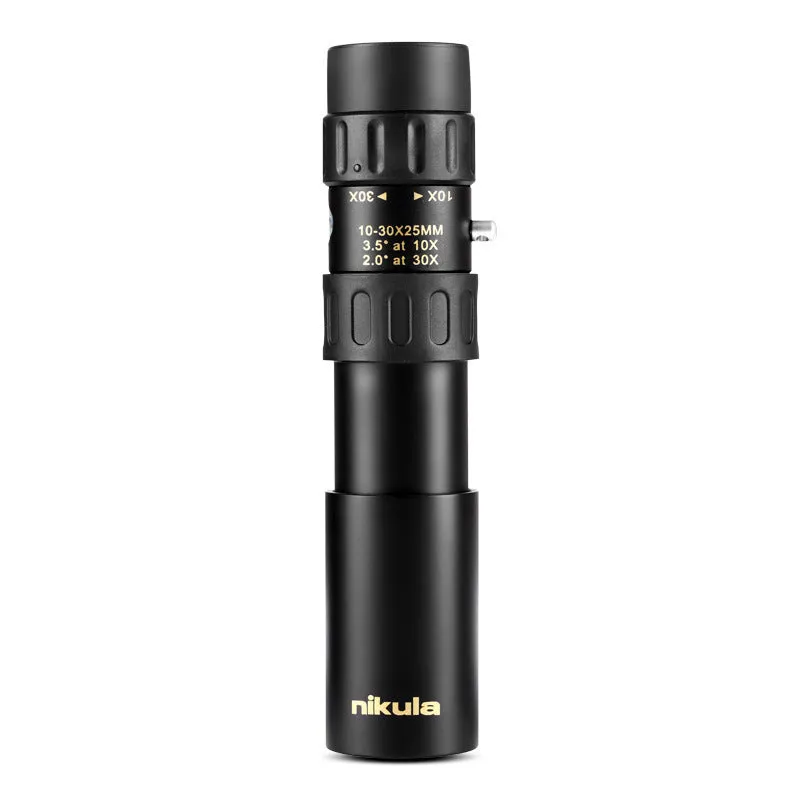 Nicholas 10-30x25 telescope in black, collapsed size 127mm, with zoom ring and rubber grip