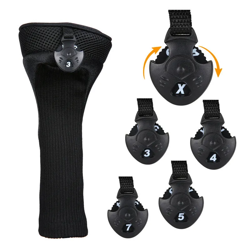 Set of six fabric golf club covers in black, blue, red, and two-tone stripes for driver and fairway wood protection