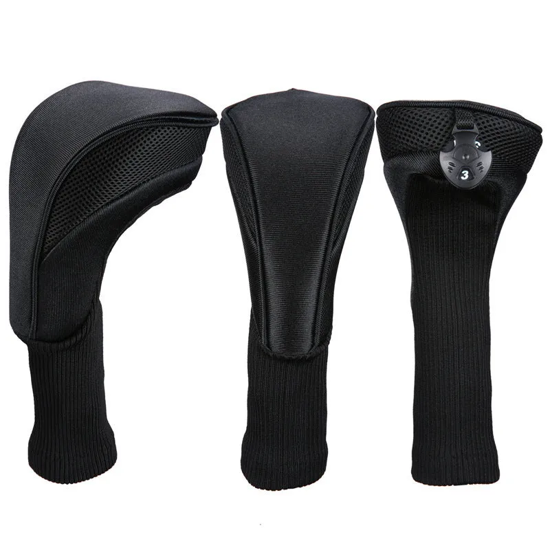 Set of six fabric golf club covers in black, blue, red, and two-tone stripes for driver and fairway wood protection