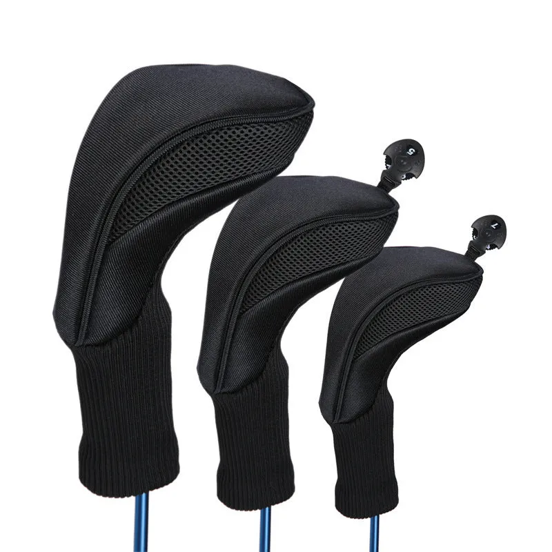 Set of six fabric golf club covers in black, blue, red, and two-tone stripes for driver and fairway wood protection