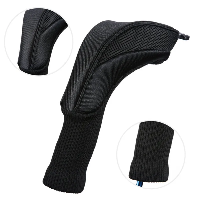Set of six fabric golf club covers in black, blue, red, and two-tone stripes for driver and fairway wood protection