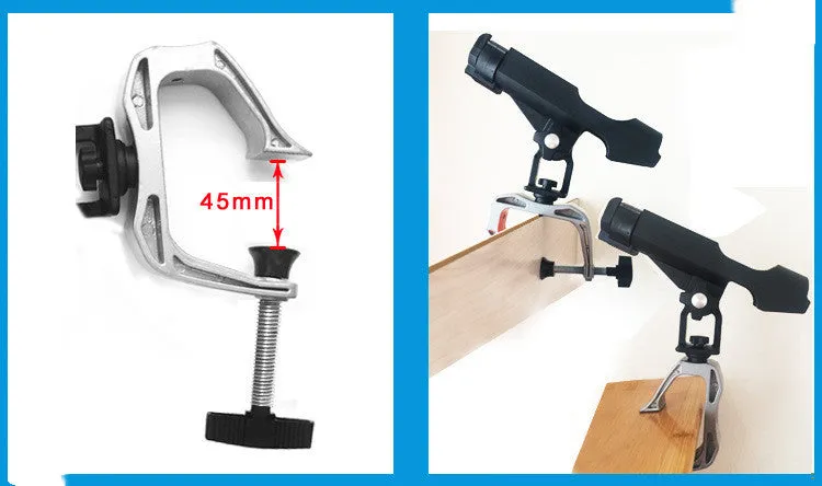 Black nylon plastic fishing rod holder with aluminium G clamp mount on boat rail, 360 degree adjustable, locking screw