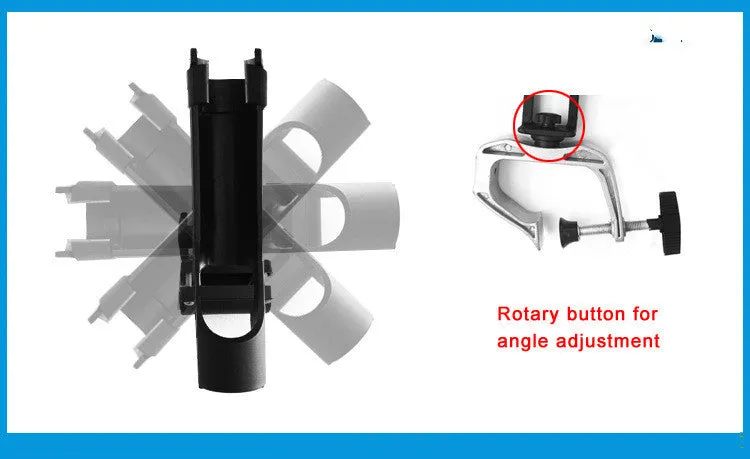 Black nylon plastic fishing rod holder with aluminium G clamp mount on boat rail, 360 degree adjustable, locking screw