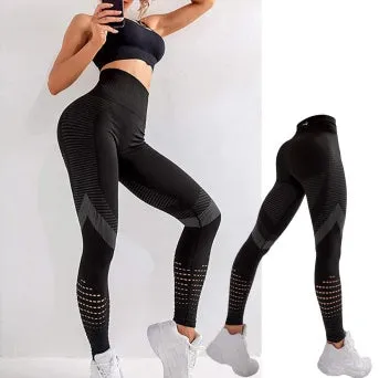 TerritorioFit yoga seamless leggings for women, 7/8 length, ribbed waistband, Black, side view