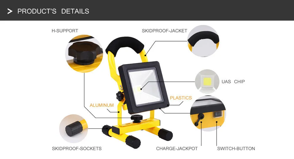 Ultrathin rechargeable 10W LED flood light IP65 waterproof cold white aluminium body for outdoor camping