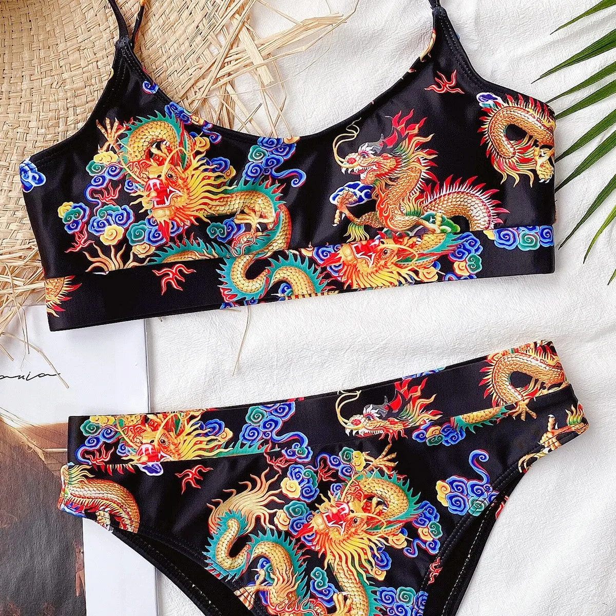 Split print nylon bikini for women in black dragon colour, with removable chest pads, front view