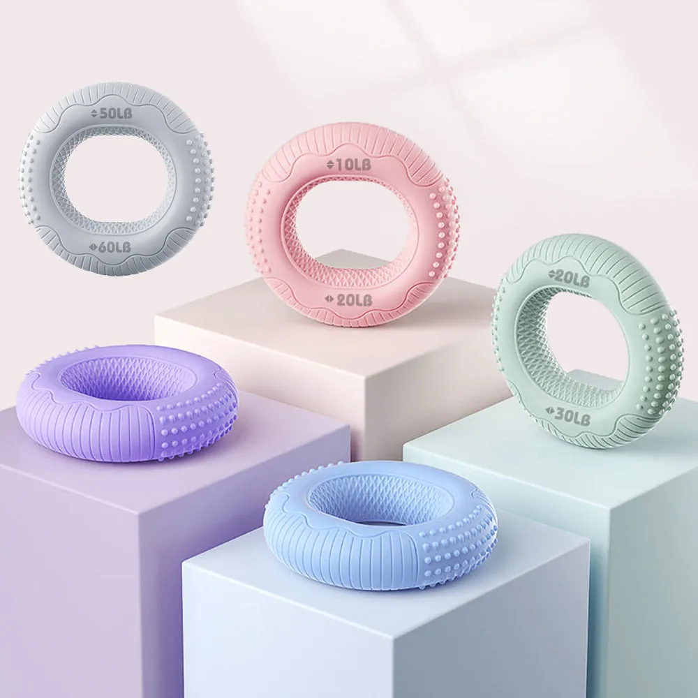Silicone adjustable hand grip ring with textured surface for finger and forearm strength training