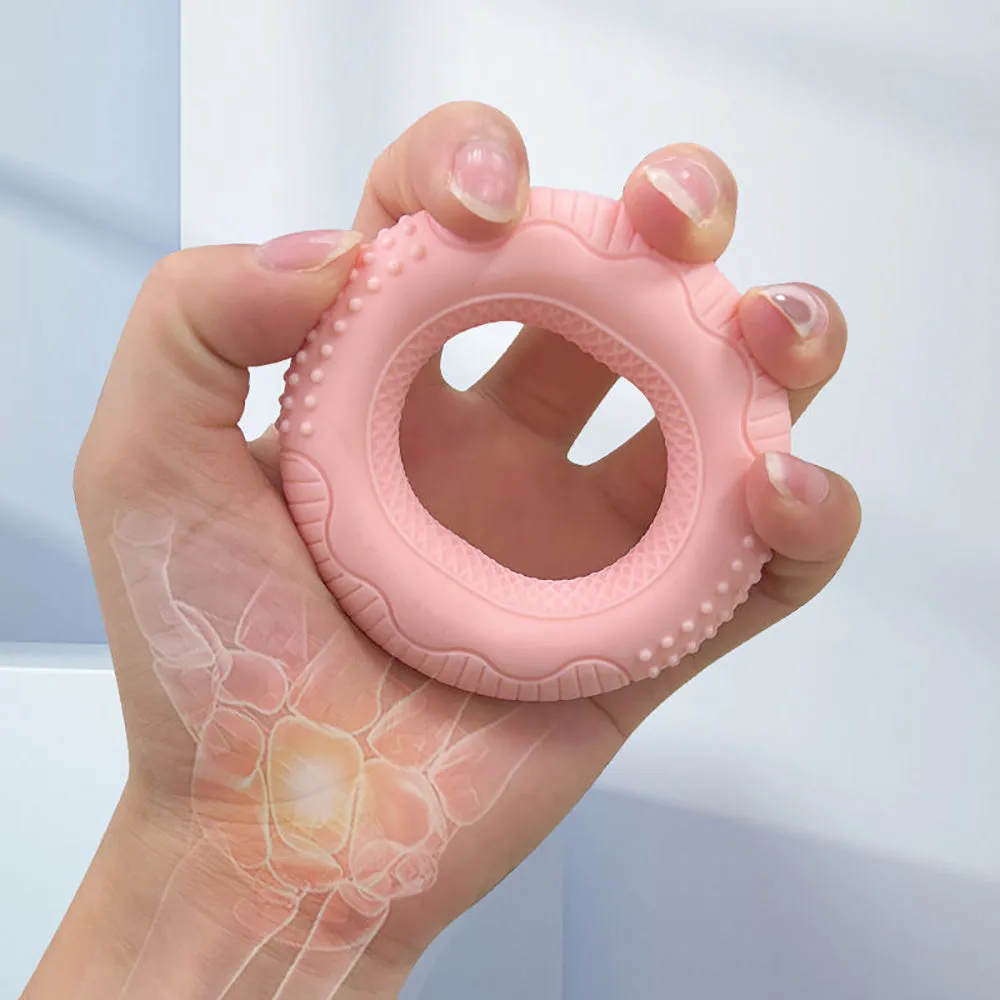 Silicone adjustable hand grip ring with textured surface for finger and forearm strength training