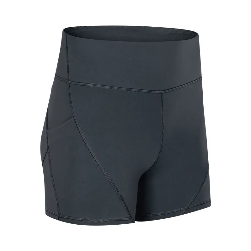 SHINBENE women's high waisted athletic shorts in black with two side pockets and cotton feel nylon spandex fabric