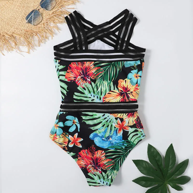 One-piece printed bikini women's swimsuit polyester waterproof black flower pattern