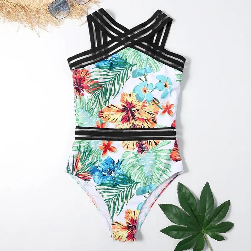 One-piece printed bikini women's swimsuit polyester waterproof black flower pattern