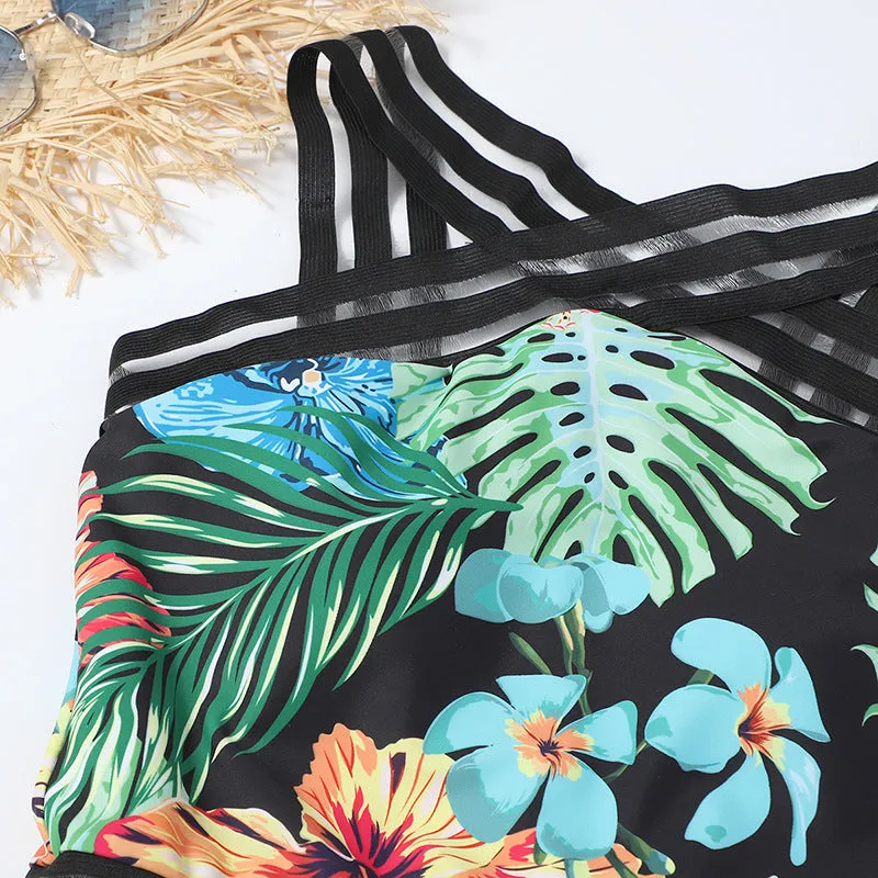 One-piece printed bikini women's swimsuit polyester waterproof black flower pattern