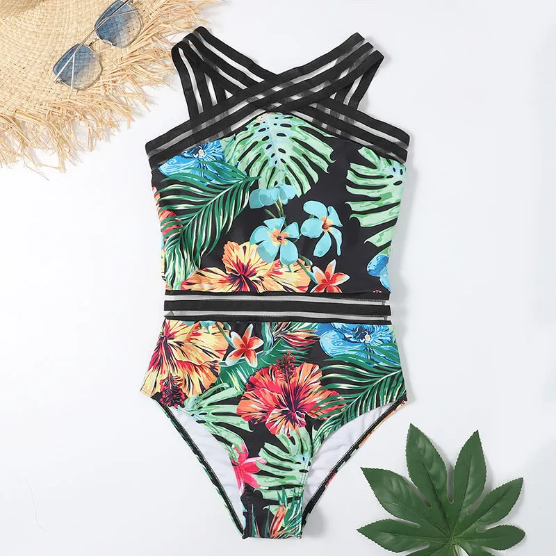 One-piece printed bikini women's swimsuit polyester waterproof black flower pattern