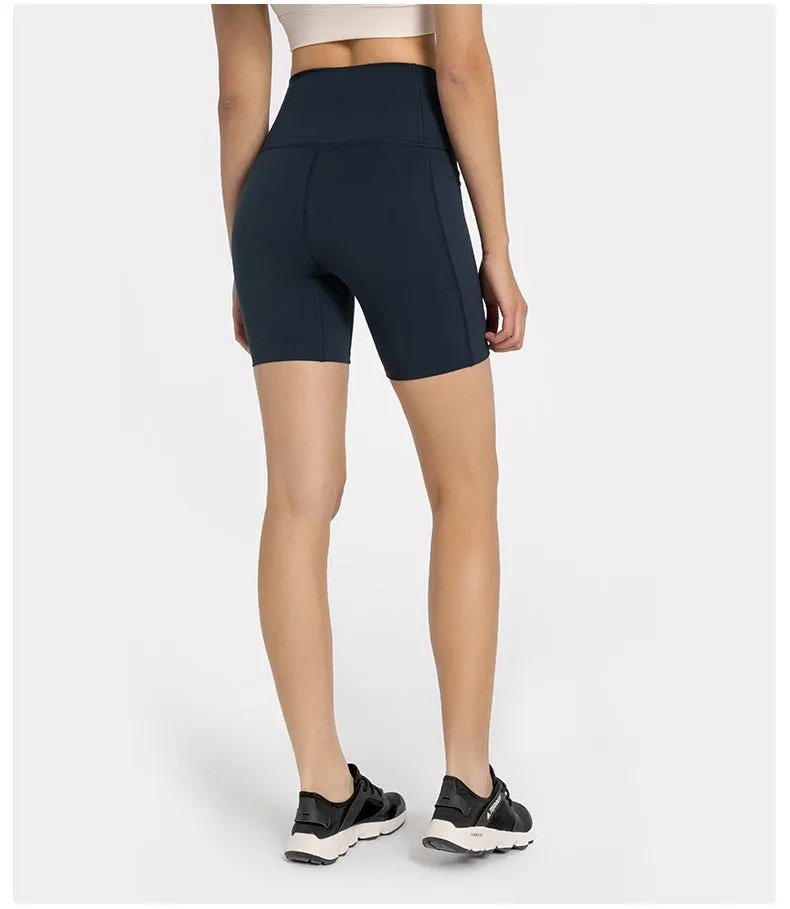 Women's cotton blend sports shorts in black with super stretch fabric and mid-length design