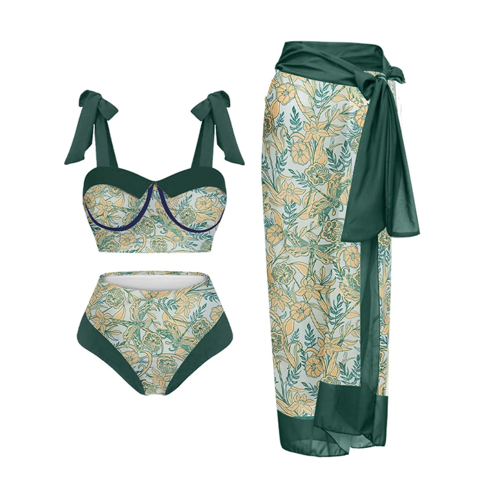 Women's pink floral print three-piece swimsuit set with skirt on a mannequin.