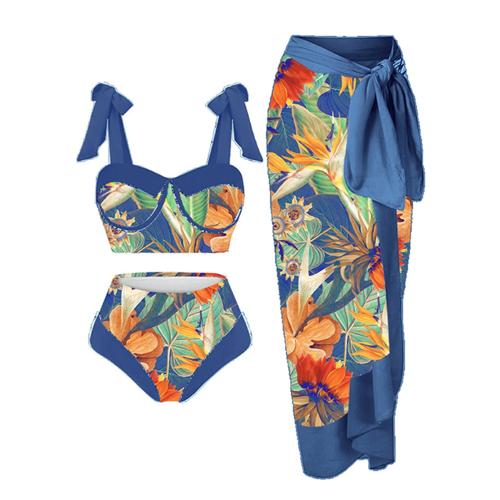 Women's pink floral print three-piece swimsuit set with skirt on a mannequin.