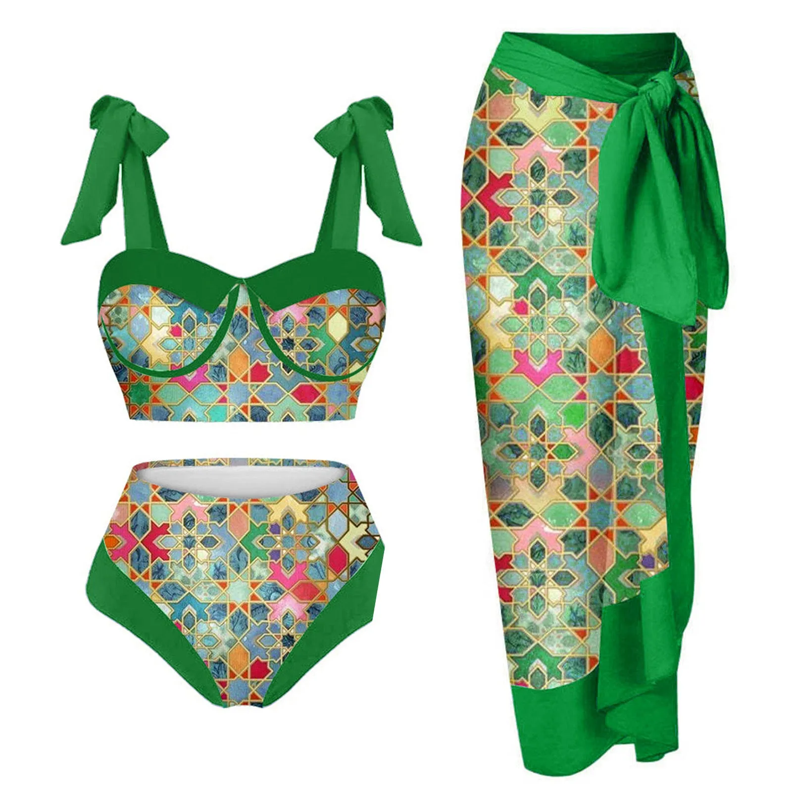 Women's pink floral print three-piece swimsuit set with skirt on a mannequin.
